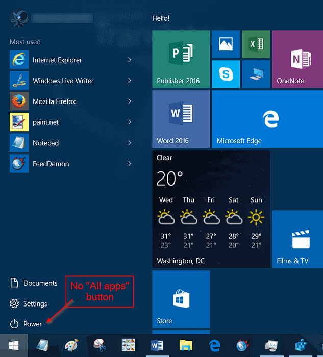 Aggiungi o rimuovi il pulsante Tutte le app dal menu Start di Windows 10