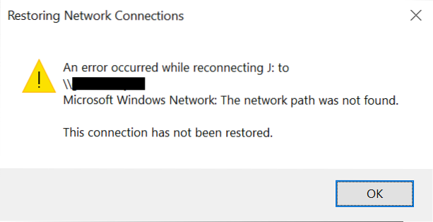 An NAS drive not visible , error occurred while reconnecting in Windows 10