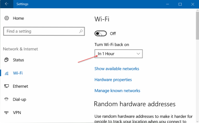 Riattiva automaticamente il Wi-Fi in 1 ora, 4 ore o 24 ore in Windows 10