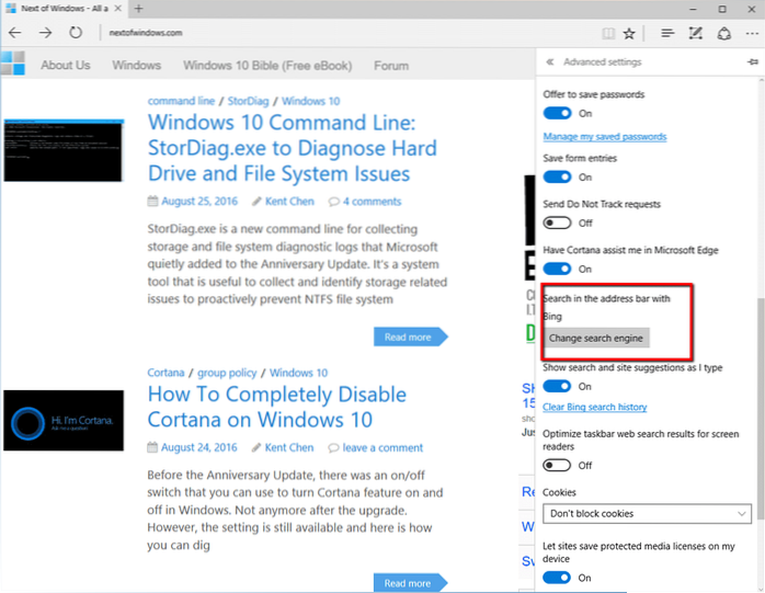 Modifica la ricerca predefinita da Bing a Google in Windows 10