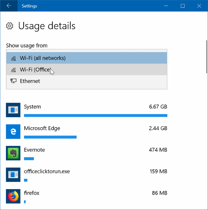 Controleer het gegevensgebruik voor individuele netwerken in Windows 10