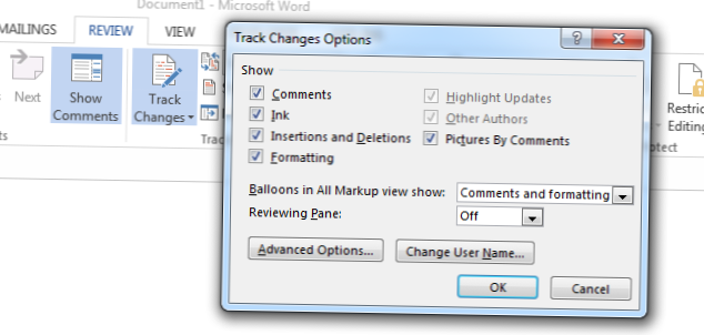 Anpassa vilka typer av ändringar som spåras i MS Word 2013