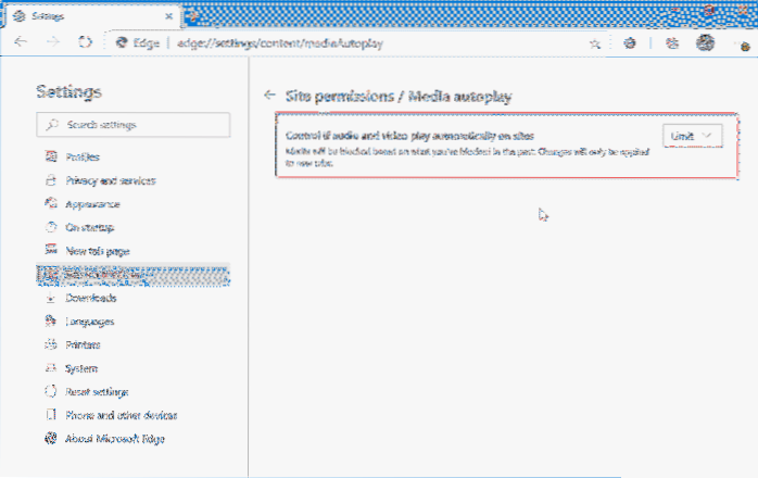 Désactiver la lecture automatique des vidéos dans le navigateur Edge sous Windows 10