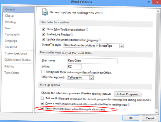 Deshabilitar la pantalla de inicio de MS Office 2013
