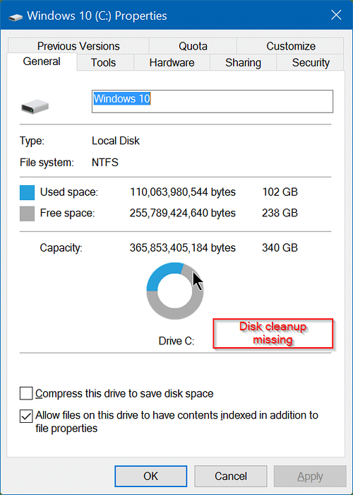 Vyčištění disku chybí z vlastností jednotky ve Windows 10