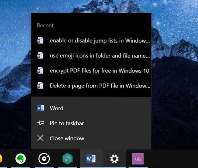 Povolení nebo zakázání seznamů skoků ve Windows 10
