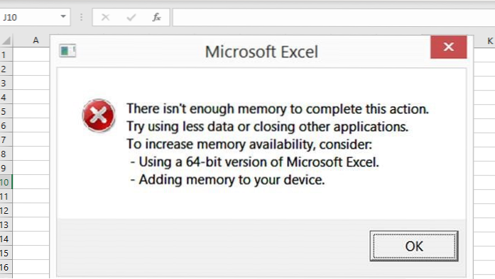 Memoria esaurita di Excel, risorse insufficienti per visualizzare completamente il problema in Windows 10