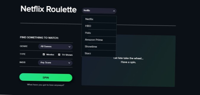 Najděte náhodný film nebo televizní pořad ke sledování na Netflixu, Hulu, HBO Go nebo Amazon Prime