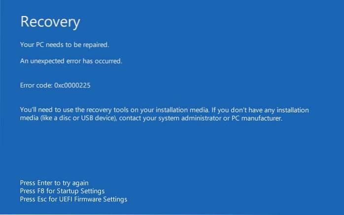 Correggi il codice di errore BSOD 0xc0000225 in Windows 10 (risolto)