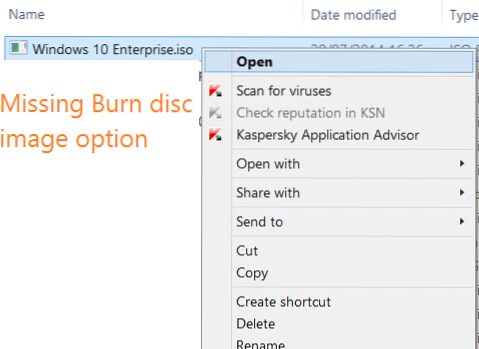 Correzione dell'opzione Masterizza immagine disco mancante dal menu contestuale