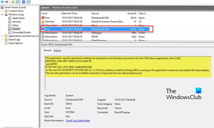 Fix DCOM Event ID 10016 error in Windows 10