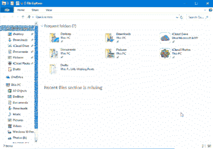 Opravte rychlý přístup, který nezobrazuje poslední soubory ve Windows 10