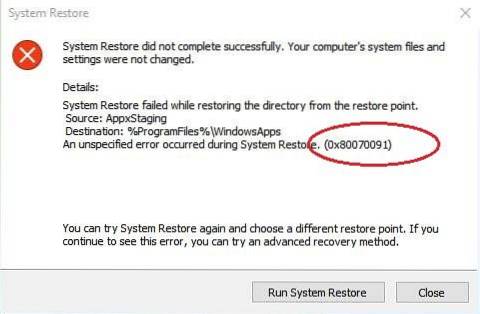 Corrigir erro de restauração do sistema 0x80070091 no Windows 10