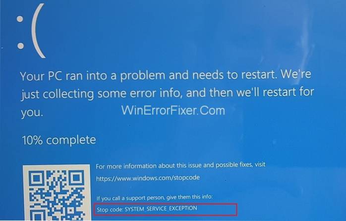 Correzione dell'errore di eccezione del servizio di sistema in Windows 10 [Risolto]