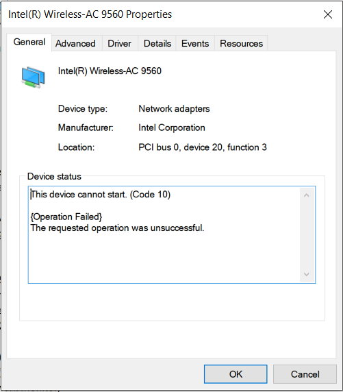 Fix WiFi stopped automatically- Intel AC 9560 code 10 error in Windows 10