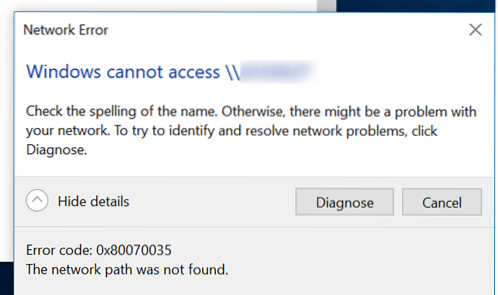 Correggi il codice di errore di Windows 10 0x80070035 Il percorso di rete non è stato trovato