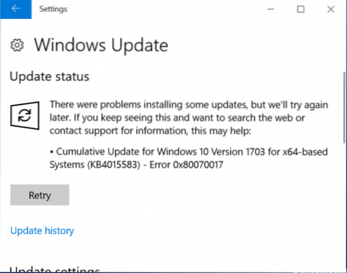 Correggi il codice di errore di Windows 0x80070017 durante l'installazione, l'aggiornamento o il ripristino del sistema