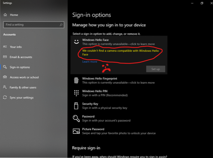 Corrigir que o Windows Hello Face não está funcionando no Windows 10