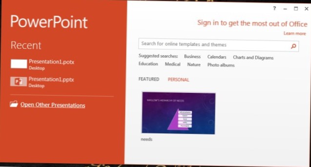 Benutzerdefinierte Vorlagen werden auf dem Startbildschirm in MS Office 2013 angezeigt