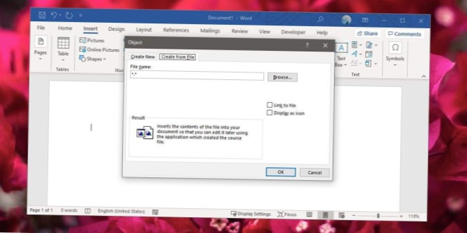 How to attach a file to a document in Word Office 365