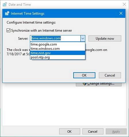 How to change Internet time server settings in Windows 10