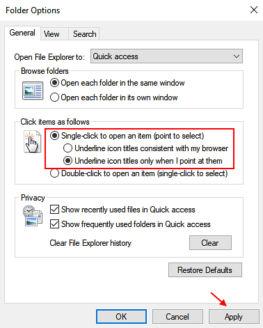 So konfigurieren Sie das Öffnen von Dateien / Ordnern mit einem Klick in Windows 10