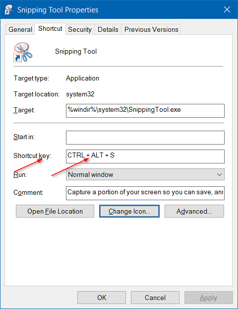 Jak vytvořit klávesovou zkratku pro nástroj Snipping ve Windows 10/7