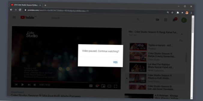 Sådan deaktiveres 'Video sat på pause. Fortsæt med at se 'på YouTube i Chrome