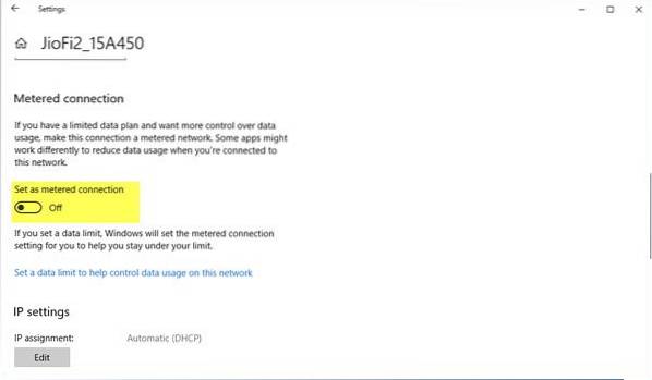 Jak povolit měřené připojení v systému Windows 10