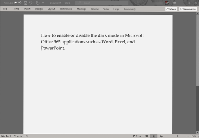 Sådan aktiveres eller deaktiveres mørk tilstand i Microsoft Office 365 Word, Excel