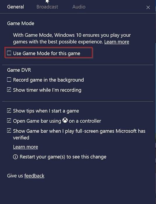 Sådan aktiveres eller deaktiveres spiltilstand til individuelle spil i Windows 10