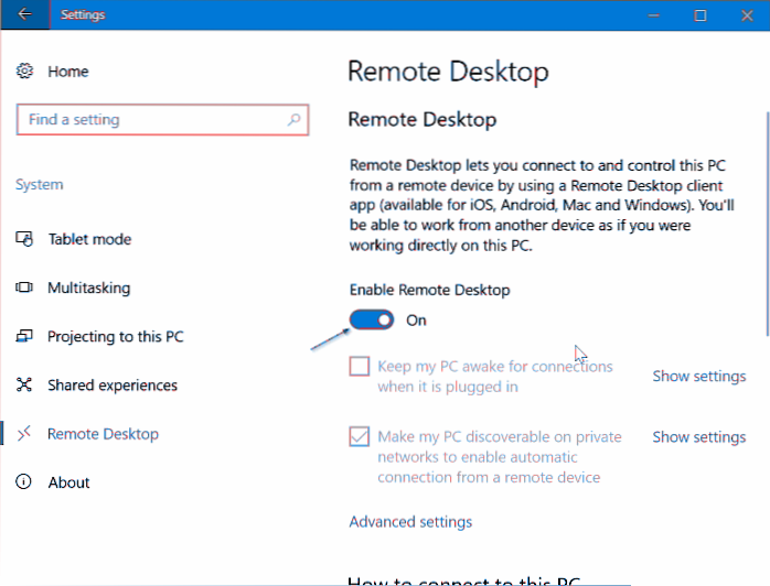 Sådan aktiveres eller deaktiveres Remote Desktop i Windows 10