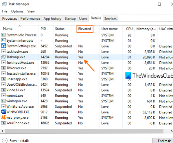 How to Find if a Process is Running with Administrator Rights in Windows 10?