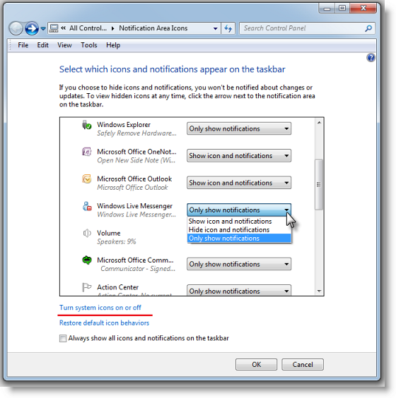 Sådan fjernes ikoner for meddelelsesområdet i Windows 7
