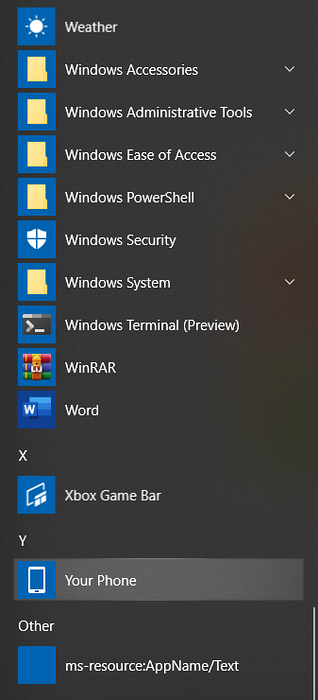 Sådan fjernes Start ms-resourceAppName / Text fra Start-menuen
