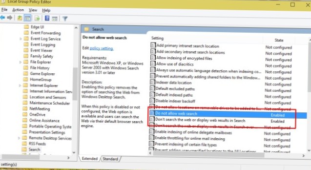 Så här tar du bort / inaktiverar webbsökning från Windows 10