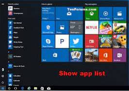 Sådan vises / skjules applisten i startmenuen i Windows 10