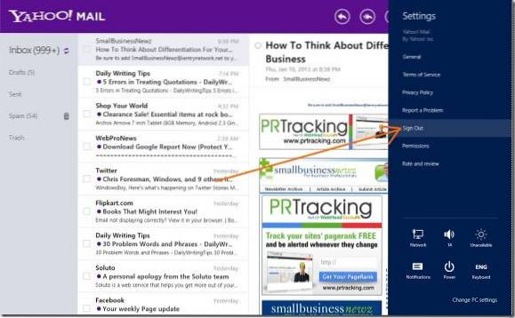 Cum să vă deconectați de la Yahoo! Aplicația Mail Windows 8