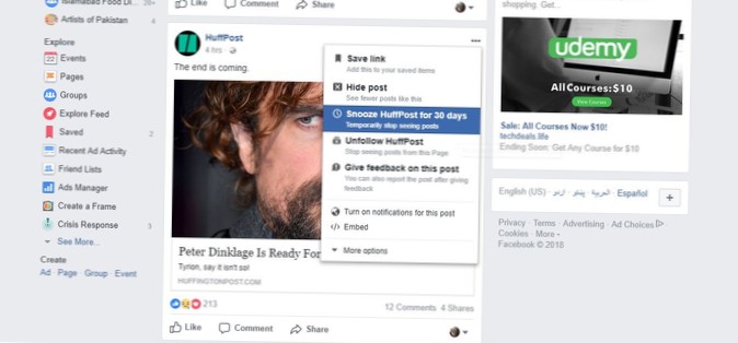 Sådan udsættes en Facebook-side eller person i 30 dage