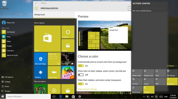 Como desligar a transparência no menu Iniciar, Centro de Ações no Windows 10