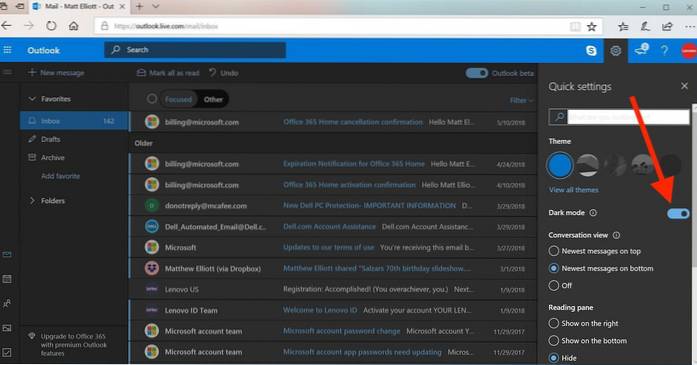 Sådan aktiveres den mørke tilstand i Outlook.com