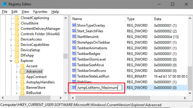 Increase The Number Of Items In Jump Lists In Windows 10