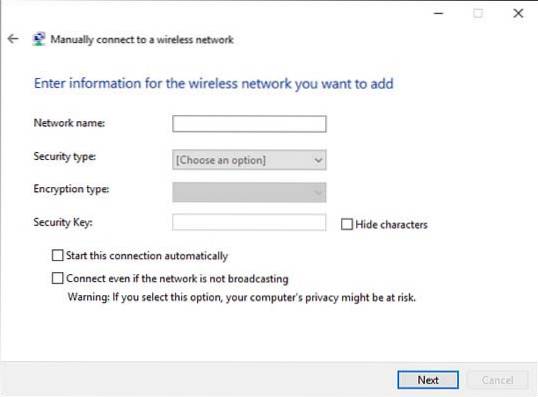 Adăugați manual o rețea WiFi introducând numele în Windows 10
