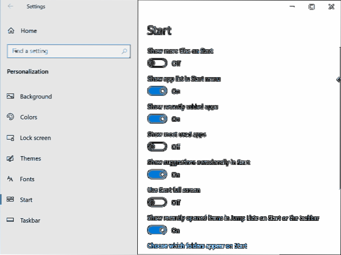 Åbn startmenuindstillinger i Windows 10