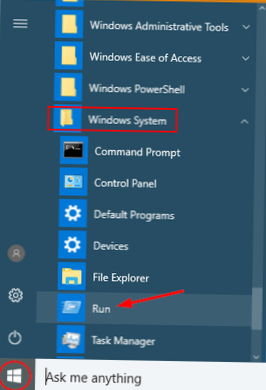 Otwórz okno polecenia Uruchom z menu Start w systemie Windows 10