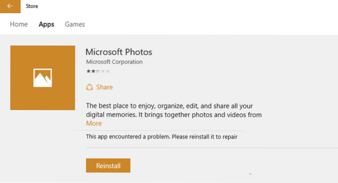 Løst! Windows 10 Store-melding 'Denne appen fikk et problem. Vennligst installer den på nytt for å reparere '