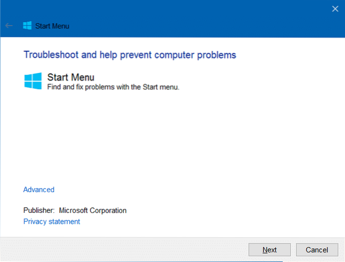 Nástroj pro opravu nabídky Start pro Windows 10