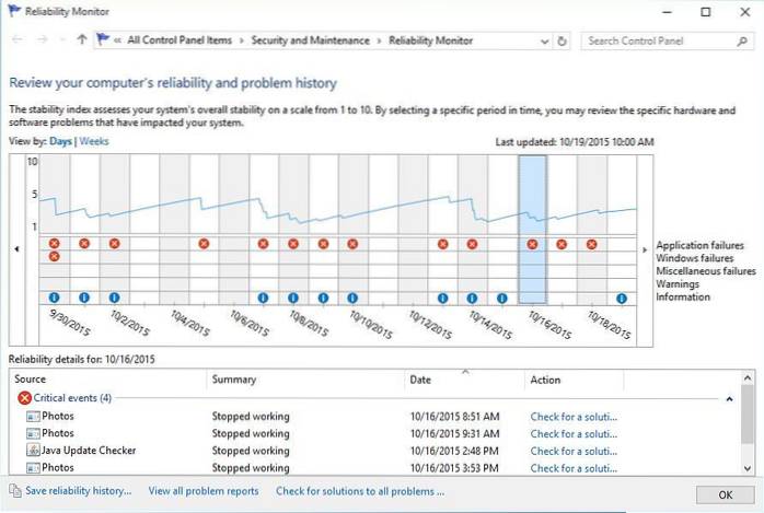 Dépannage dans Windows 10 à l'aide du moniteur de fiabilité