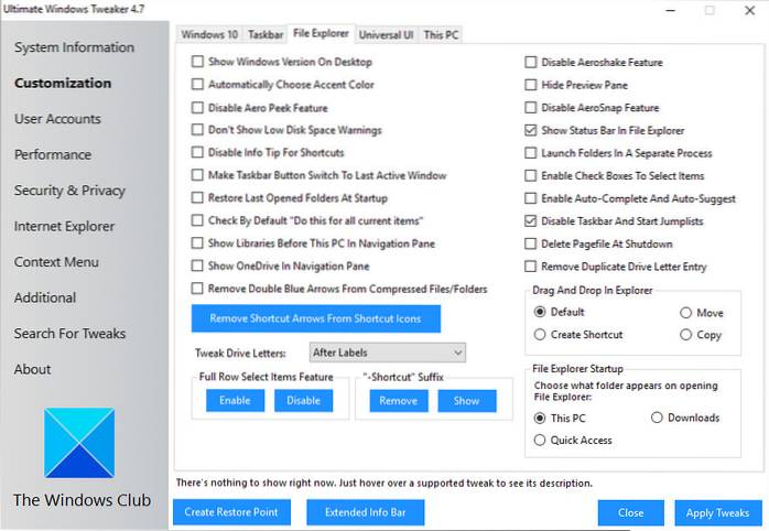 Ultima personalizzazione di Windows utilizzando Windows Tweaker