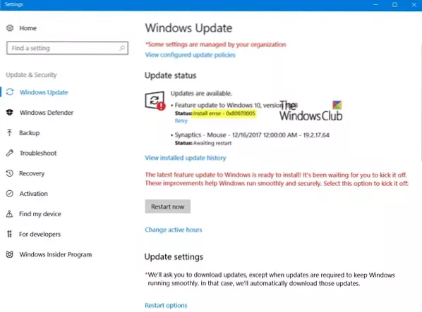 Windows Update Install Error 0x80070005 in Windows 10